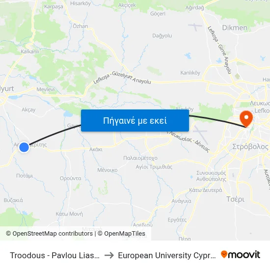 Troodous - Pavlou Liasidi to European University Cyprus map
