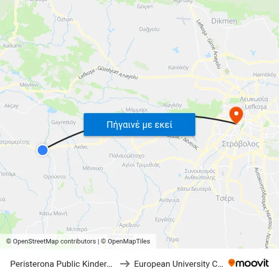 Peristerona Public Kindergarden to European University Cyprus map