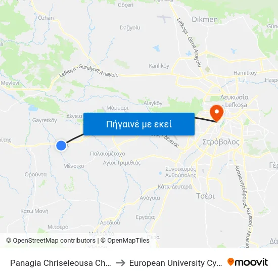 Panagia Chriseleousa Church to European University Cyprus map