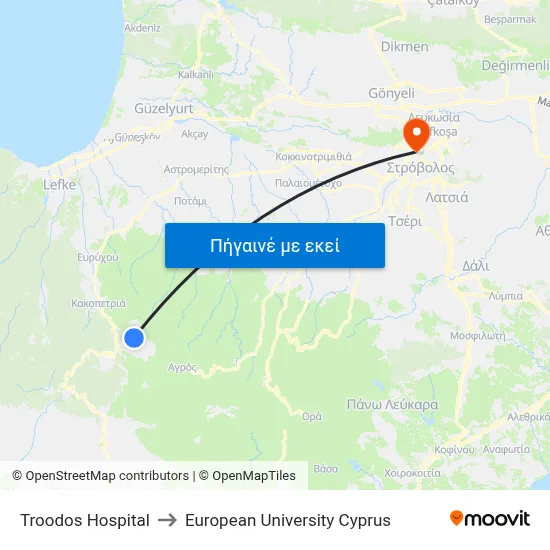 Troodos Hospital to European University Cyprus map