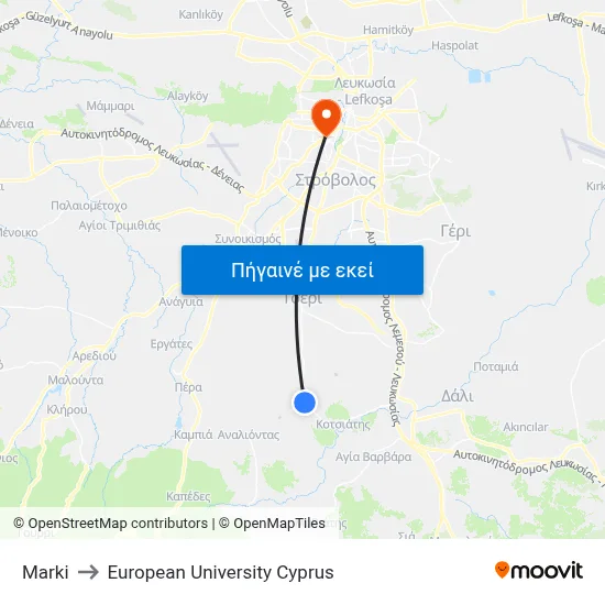 Marki to European University Cyprus map