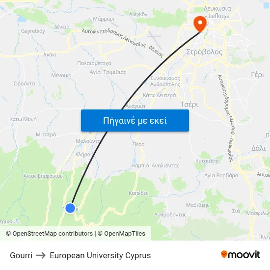 Gourri to European University Cyprus map