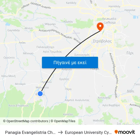 Panagia Evangelistria Church to European University Cyprus map