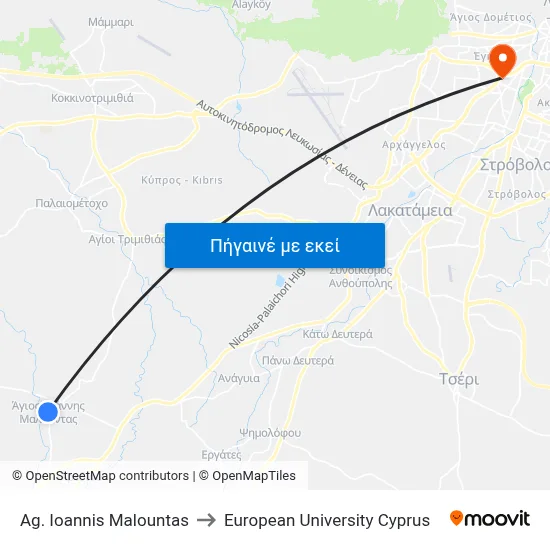Ag. Ioannis Malountas to European University Cyprus map