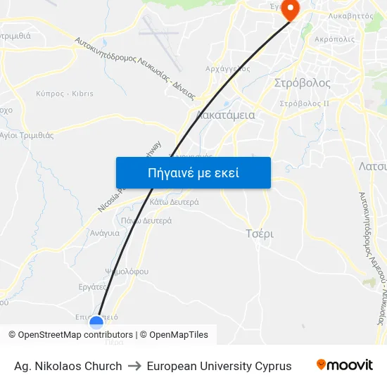Ag. Nikolaos Church to European University Cyprus map