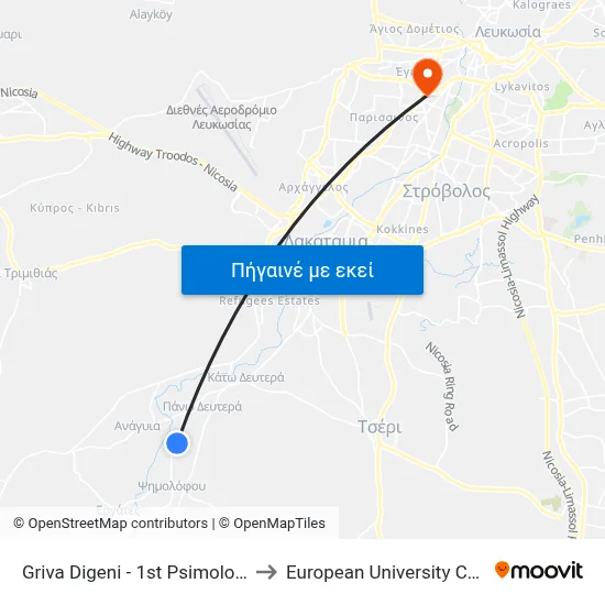 Griva Digeni - 1st Psimolofou 1 to European University Cyprus map