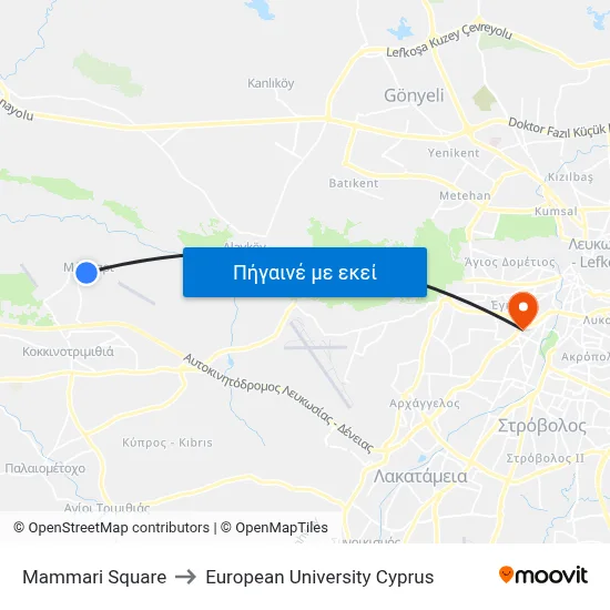 Mammari Square to European University Cyprus map