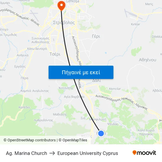 Ag. Marina Church to European University Cyprus map