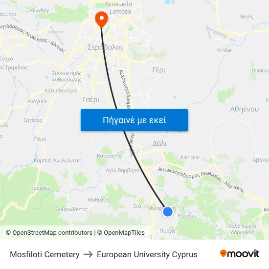 Mosfiloti Cemetery to European University Cyprus map