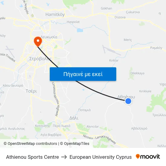 Athienou Sports Centre to European University Cyprus map