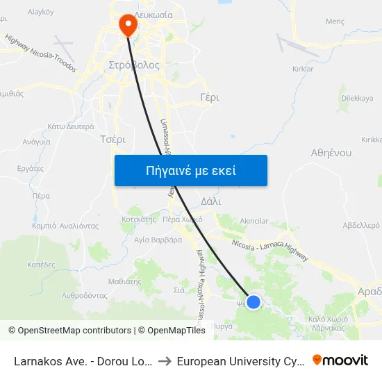 Larnakos Ave. - Dorou Loizou to European University Cyprus map