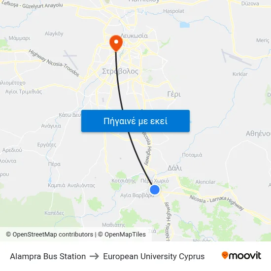 Alampra Bus Station to European University Cyprus map