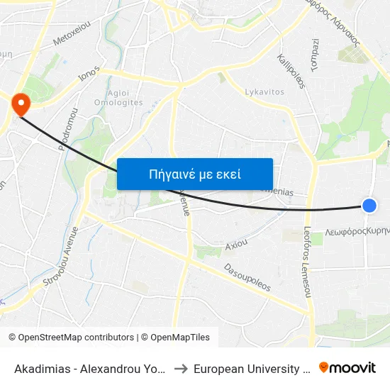 Akadimias - Alexandrou Yosilandou to European University Cyprus map