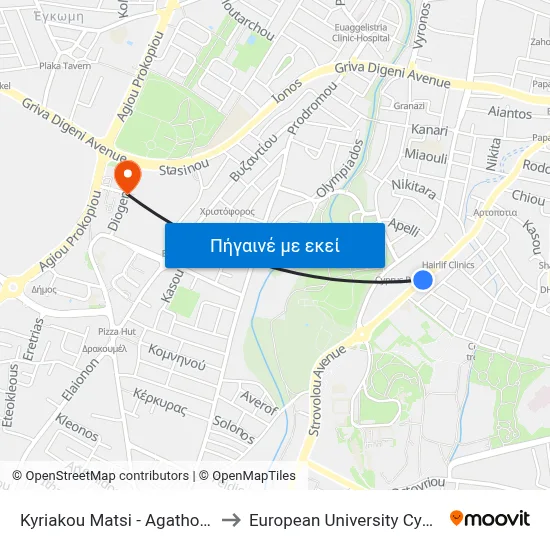 Kyriakou Matsi - Agathonos to European University Cyprus map