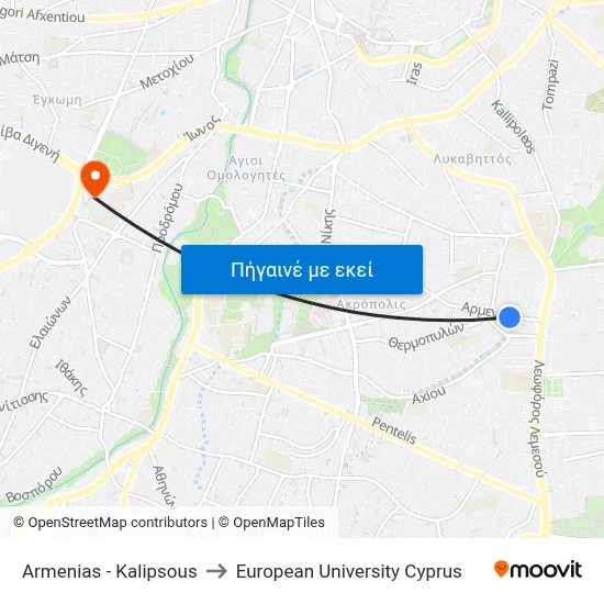 Armenias - Kalipsous to European University Cyprus map