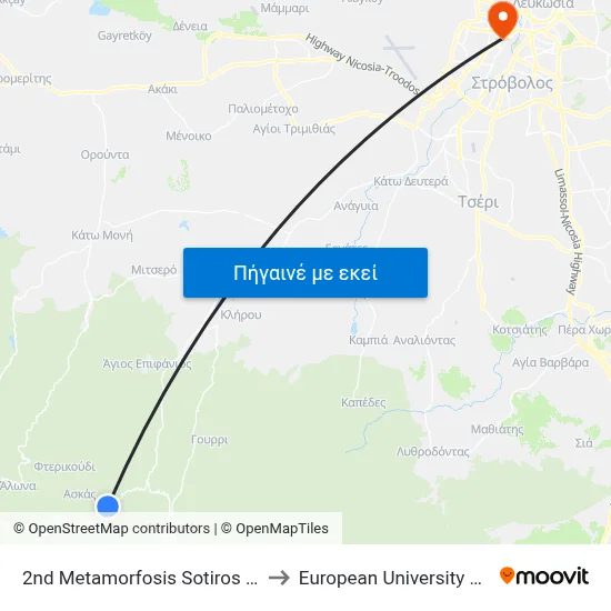 2nd Metamorfosis Sotiros Church to European University Cyprus map