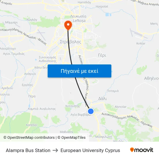 Alampra Bus Station to European University Cyprus map
