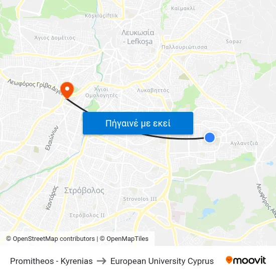 Promitheos - Kyrenias to European University Cyprus map