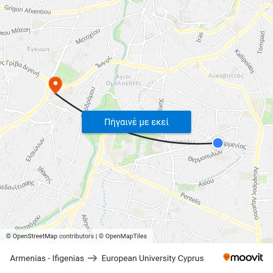 Armenias - Ifigenias to European University Cyprus map
