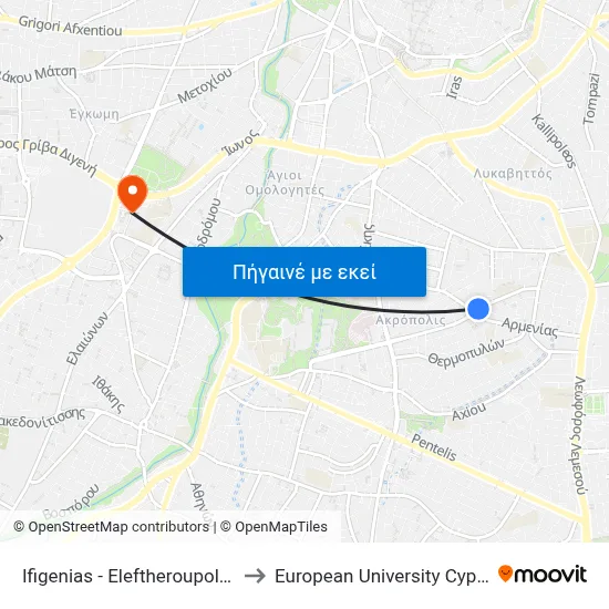 Ifigenias - Eleftheroupoleos to European University Cyprus map