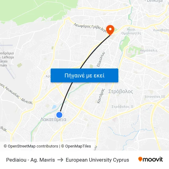 Pediaiou - Ag. Mavris to European University Cyprus map