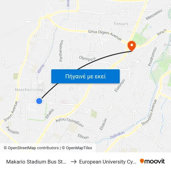 Makario Stadium Bus Station to European University Cyprus map