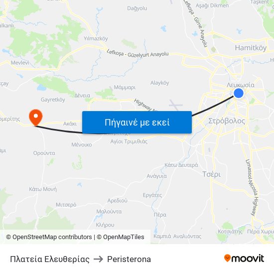 Πλατεία Ελευθερίας to Peristerona map