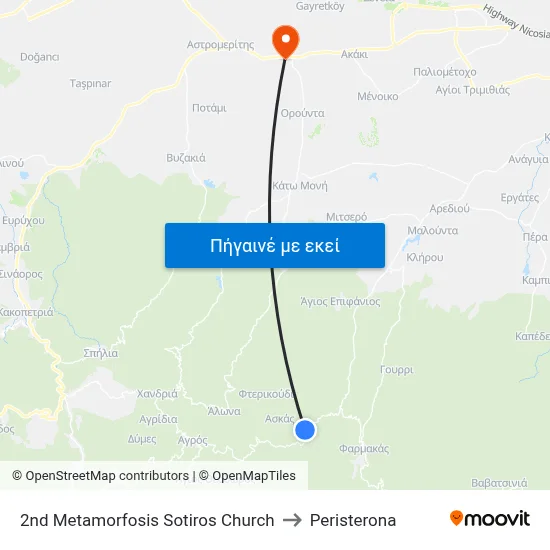 2nd Metamorfosis Sotiros Church to Peristerona map