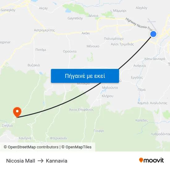 Nicosia Mall to Kannavia map