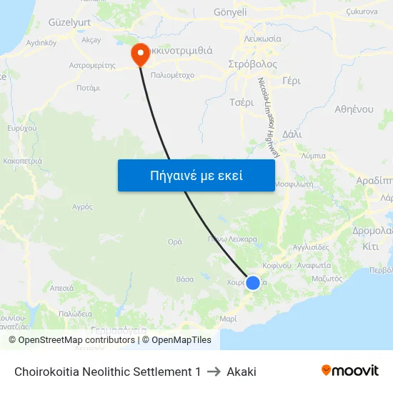 Choirokoitia Neolithic Settlement 1 to Akaki map