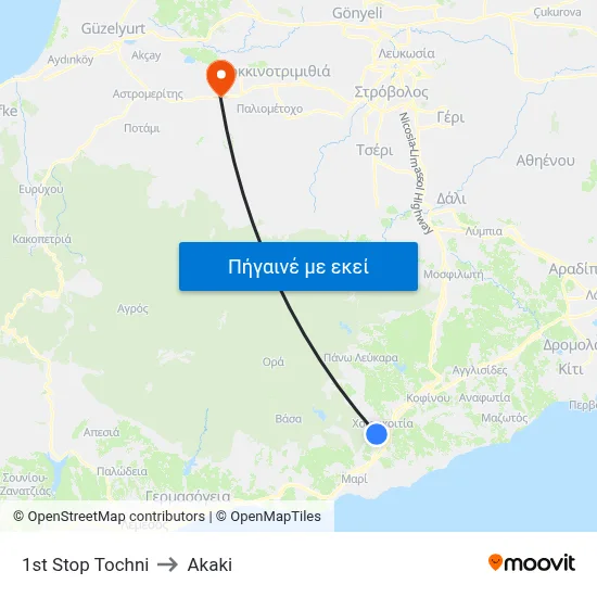 1st Stop Tochni to Akaki map