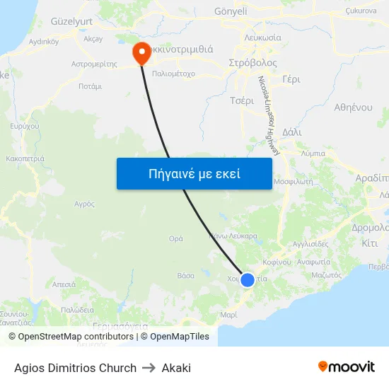 Agios Dimitrios Church to Akaki map