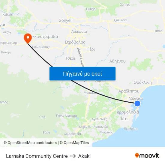 Larnaka Community Centre to Akaki map