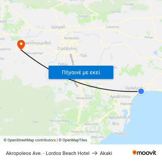 Akropoleos Ave. - Lordos Beach Hotel to Akaki map
