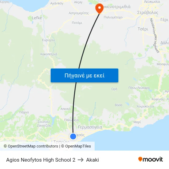 Agios Neofytos High School 2 to Akaki map
