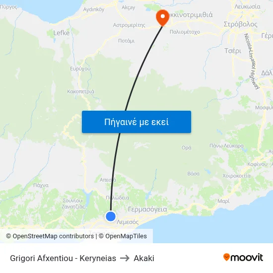 Grigori Afxentiou - Keryneias to Akaki map