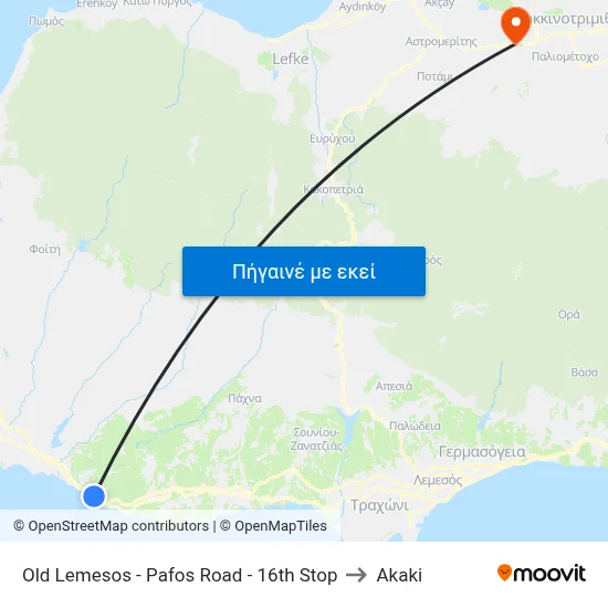 Old Lemesos - Pafos Road - 16th Stop to Akaki map