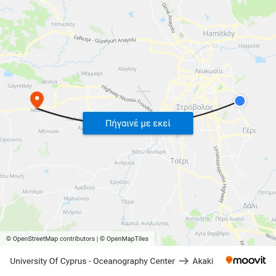 University Of Cyprus - Oceanography Center to Akaki map