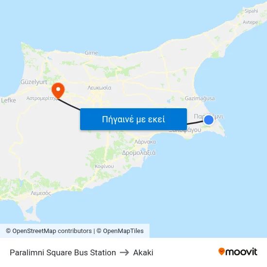 Paralimni Square Bus Station to Akaki map