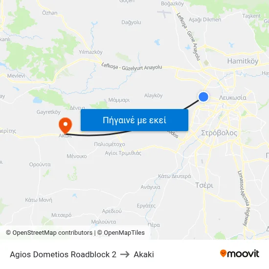 Agios Dometios Roadblock 2 to Akaki map