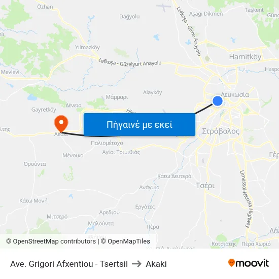 Ave. Grigori Afxentiou - Tsertsil to Akaki map