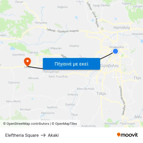 Eleftheria Square to Akaki map