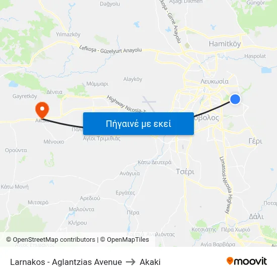 Larnakos - Aglantzias Avenue to Akaki map