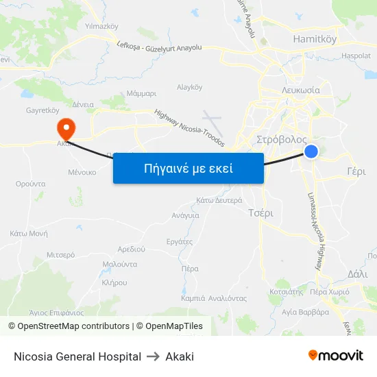 Nicosia General Hospital to Akaki map