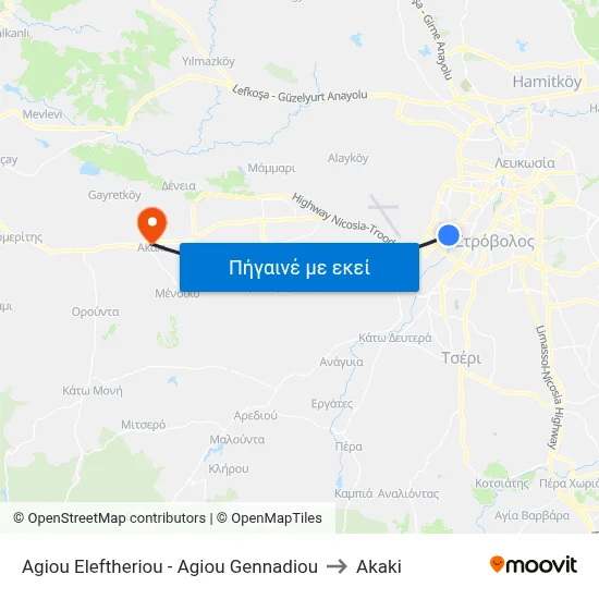 Agiou Eleftheriou - Agiou Gennadiou to Akaki map