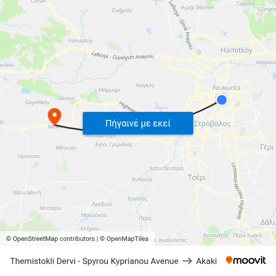 Themistokli Dervi - Spyrou Kyprianou Avenue to Akaki map