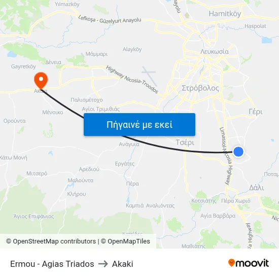 Ermou - Agias Triados to Akaki map