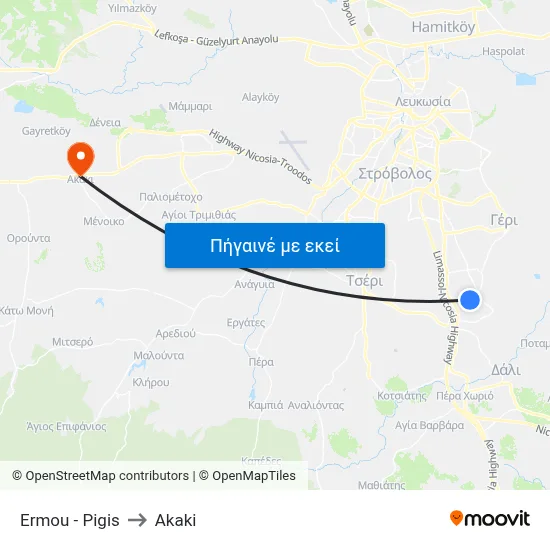 Ermou - Pigis to Akaki map