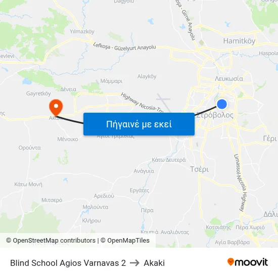Blind School Agios Varnavas 2 to Akaki map