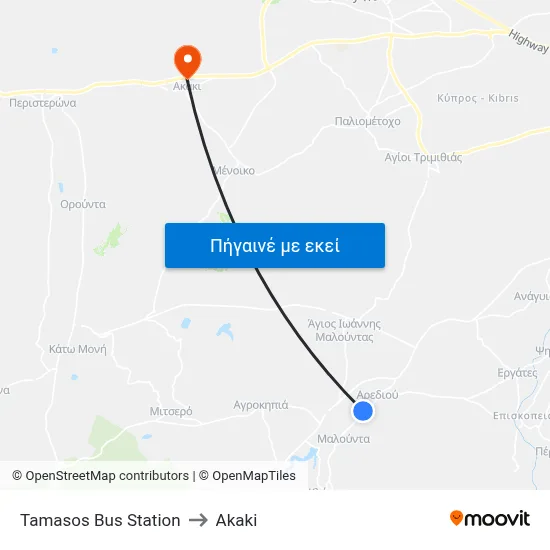 Tamasos Bus Station to Akaki map